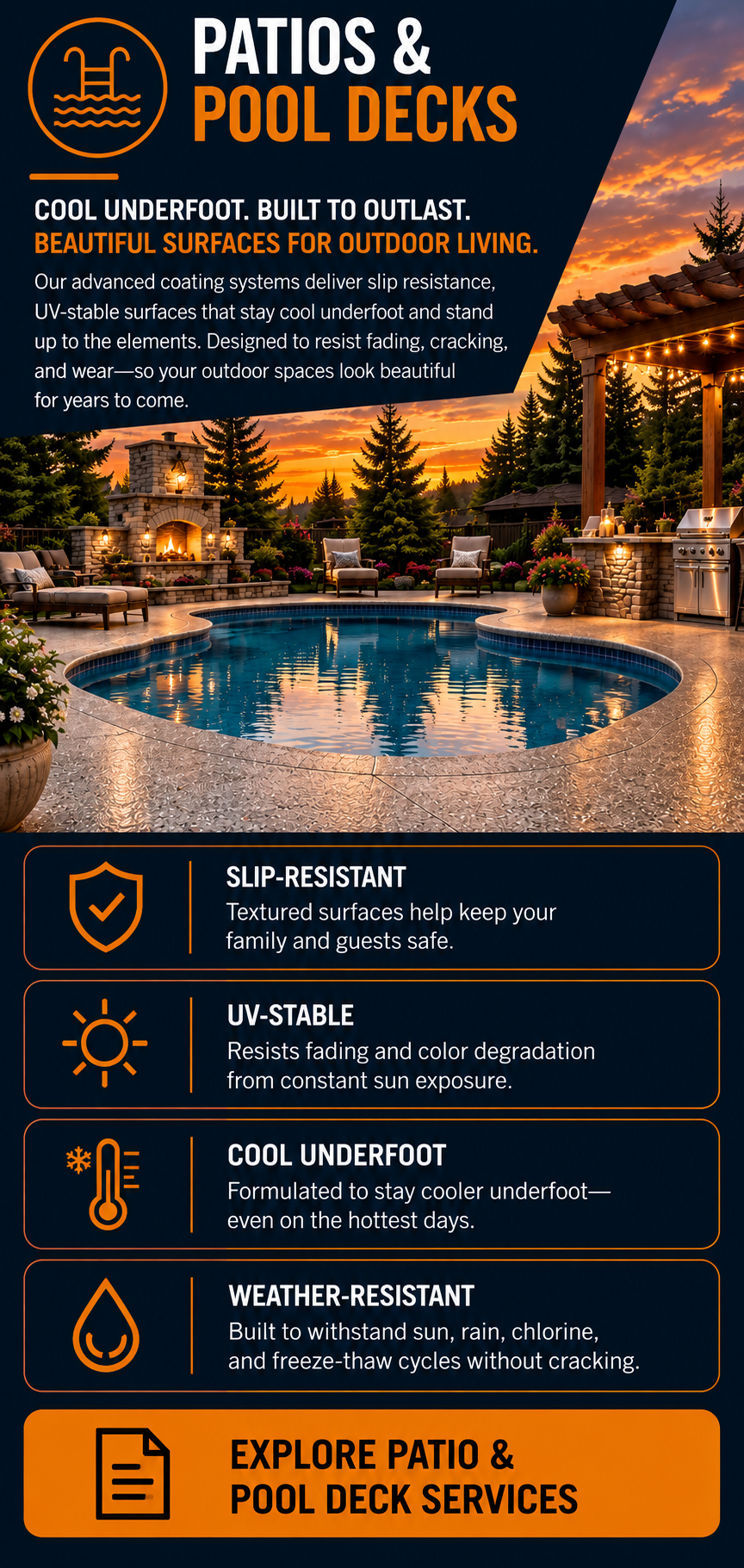 Northview Coatings patio and pool deck coating systems featuring slip-resistant, UV-stable, weather-resistant decorative concrete surfaces for residential outdoor living spaces.