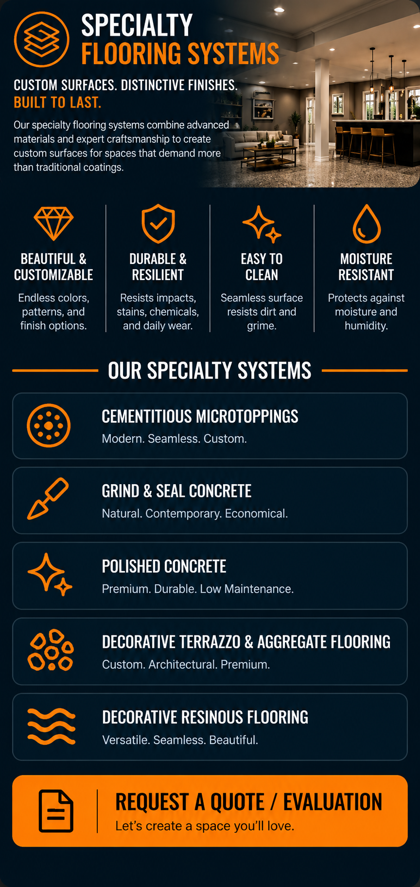 An advertisement for specialty flooring systems featuring a modern interior with custom concrete and flooring options, highlighting durability, customization, and decorative finishes.