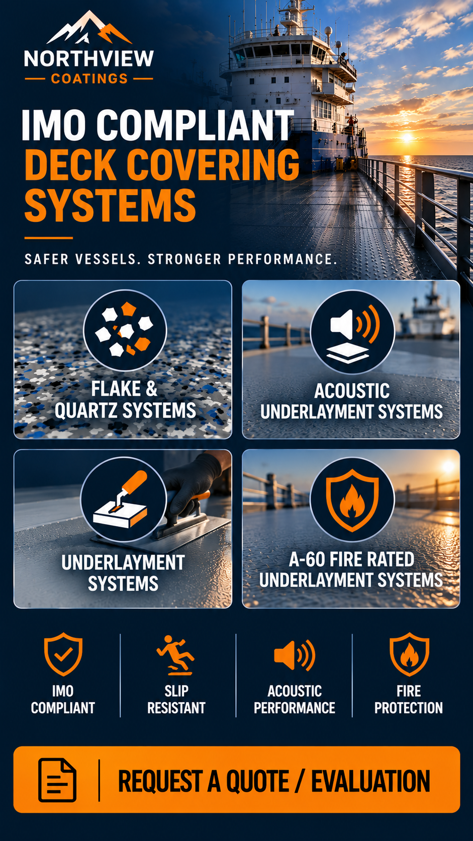 Northview Coatings IMO-compliant marine flooring and deck covering systems featuring durable underlayments, decorative finishes, acoustic solutions, and fire-rated systems for commercial vessels and offshore applications.