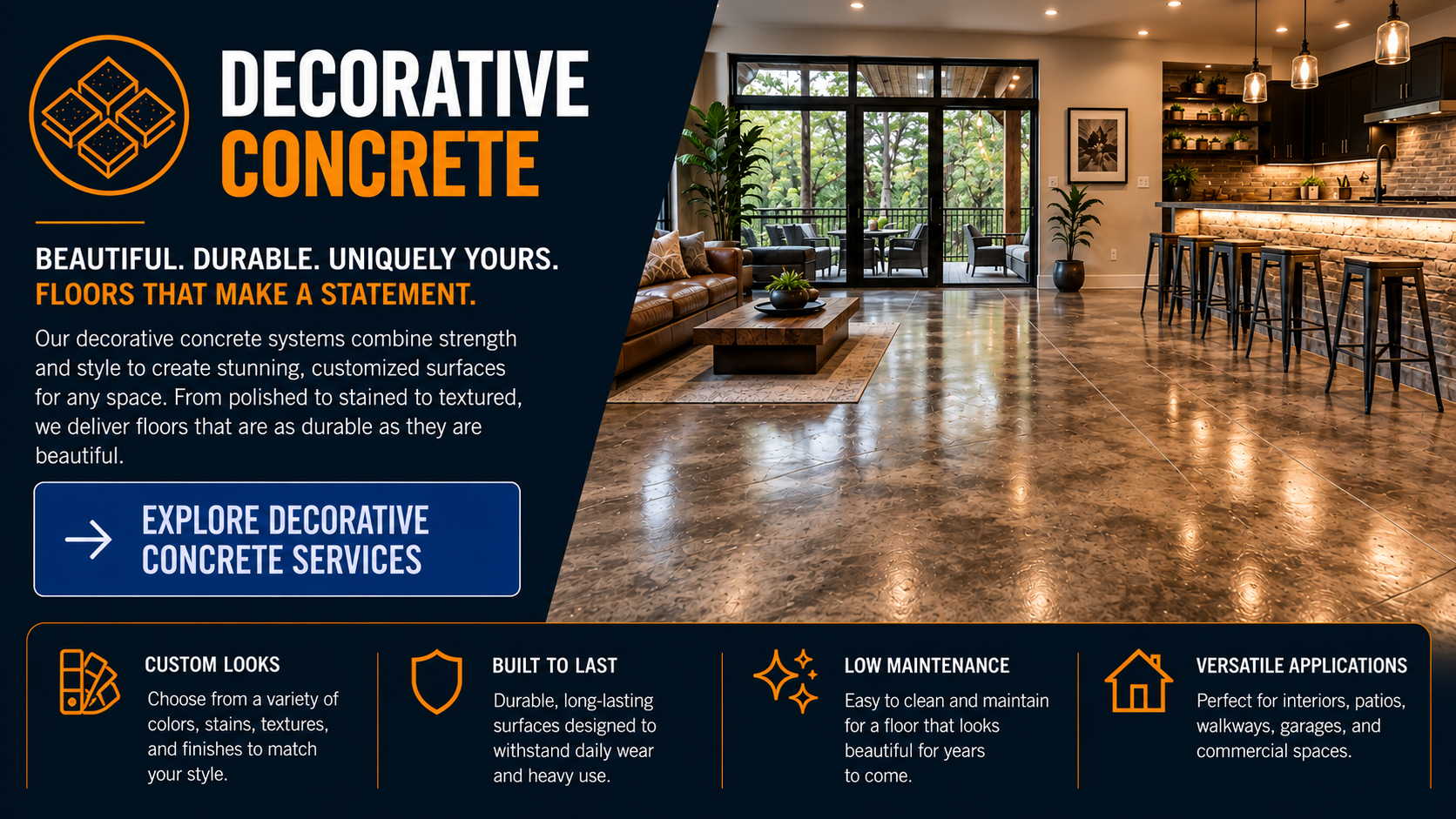 Northview Coatings decorative concrete flooring featuring custom polished, stained, and textured finishes for residential interiors, patios, walkways, garages, and other living spaces.