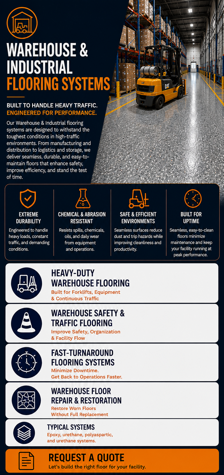 Northview Coatings warehouse and industrial flooring systems for manufacturing, distribution, logistics, and storage facilities, including heavy-duty, safety, fast-turnaround, and floor restoration solutions.