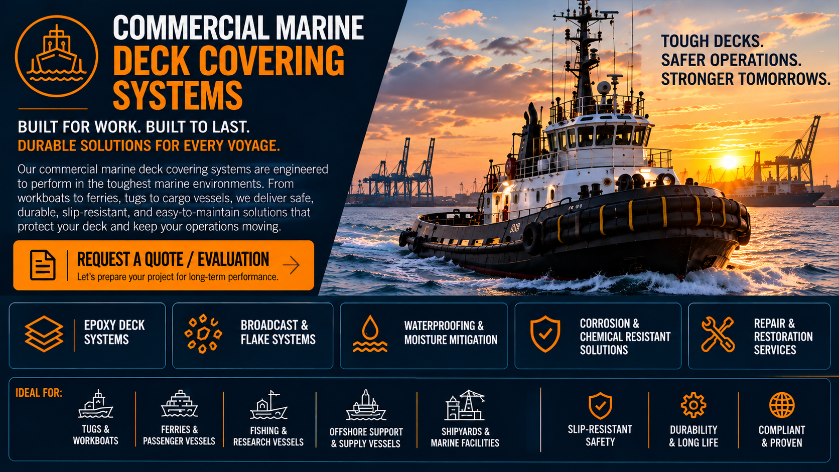 Northview Coatings commercial marine deck covering systems including epoxy, broadcast flake, waterproofing, corrosion-resistant coatings, and deck repair for workboats, ferries, tugs, and commercial vessels.