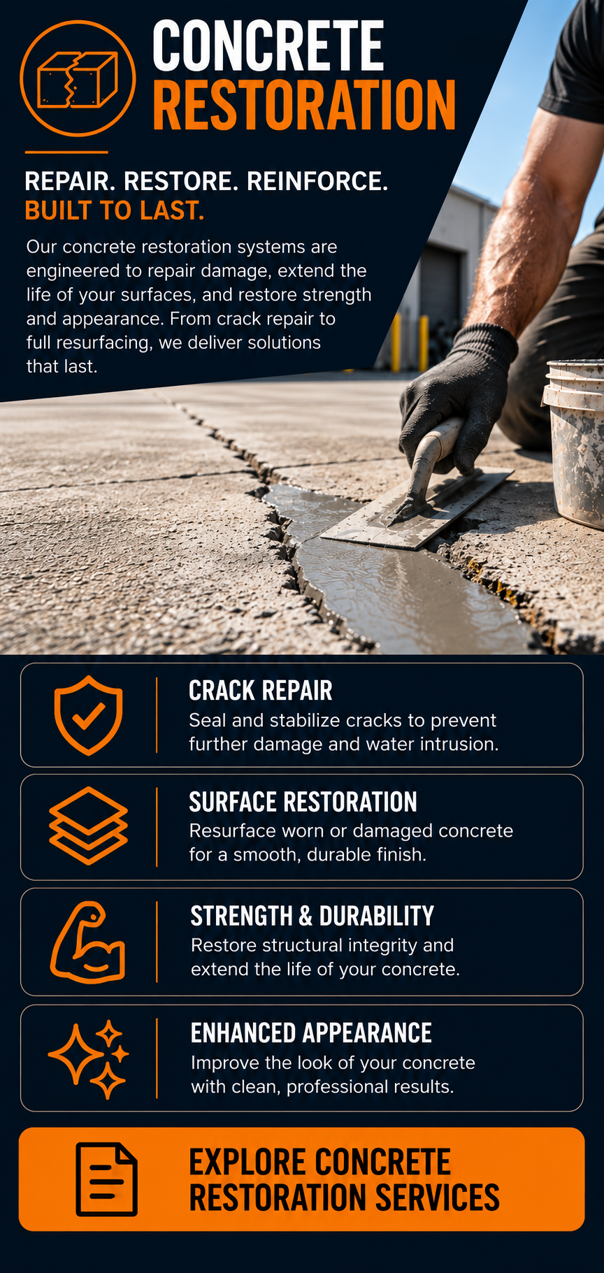 Northview Coatings concrete restoration services for cracked, worn, and damaged concrete, including crack repair, surface restoration, resurfacing, and protective systems designed to extend concrete service life.