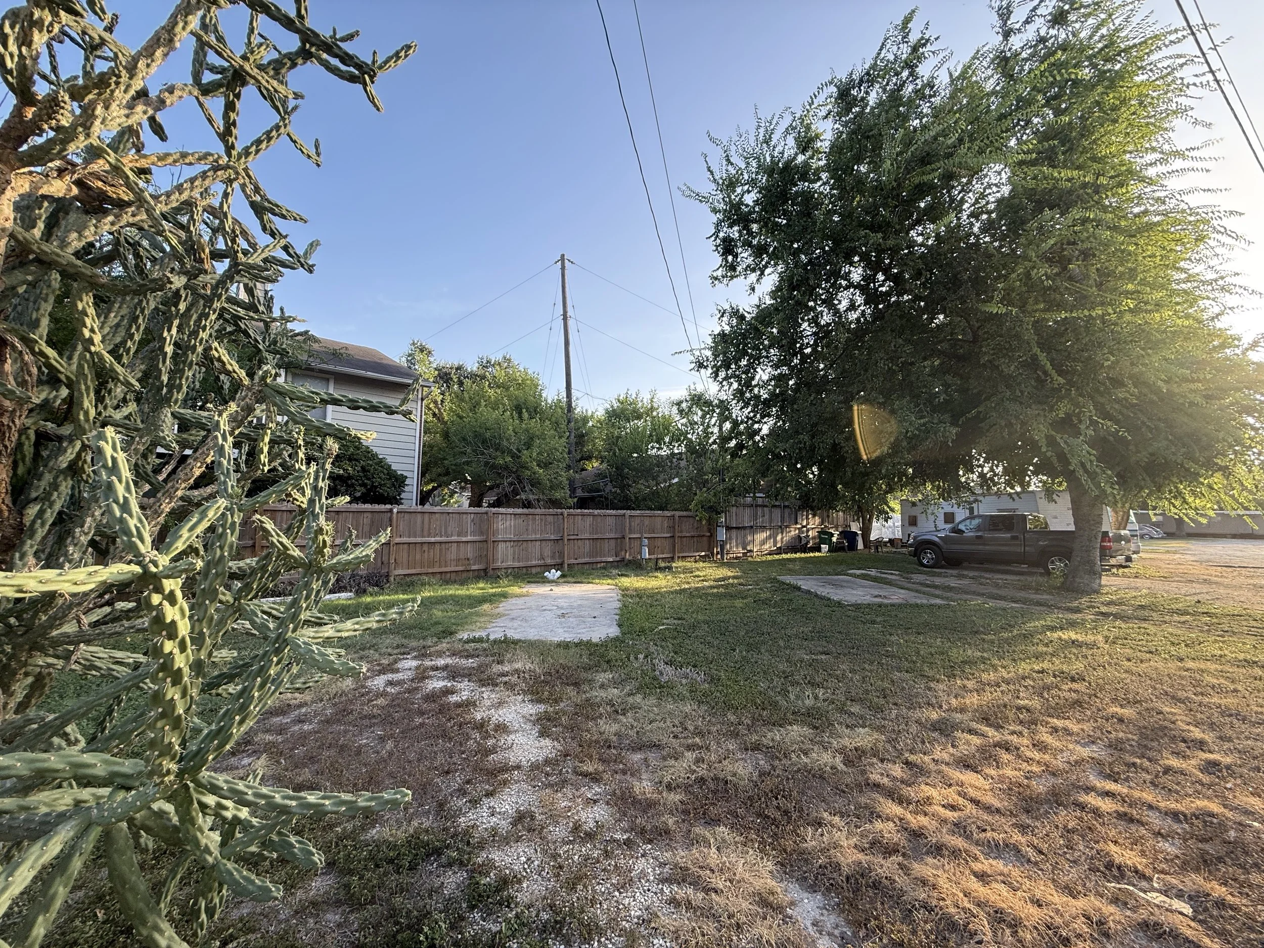 Available shaded RV lots at Flores Crossing in San Antonio with mature trees and cactus landscaping
