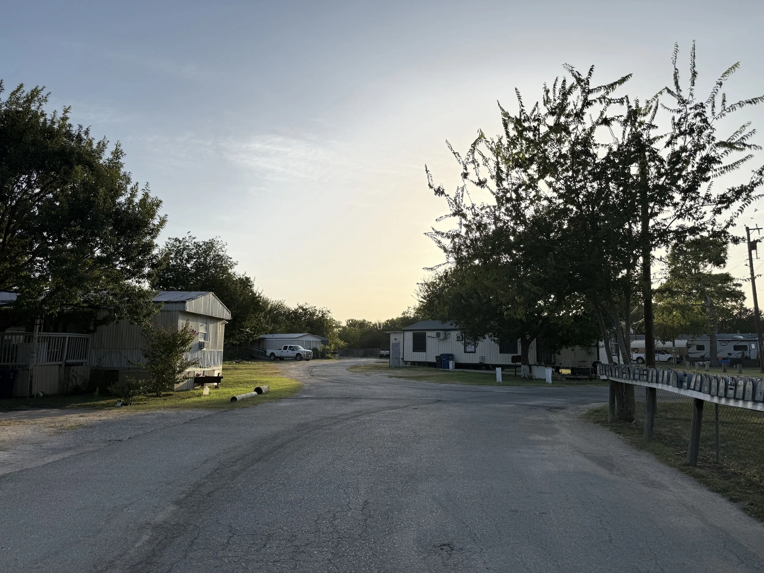 Tree-lined road through Flores Crossing RV and mobile home community in San Antonio