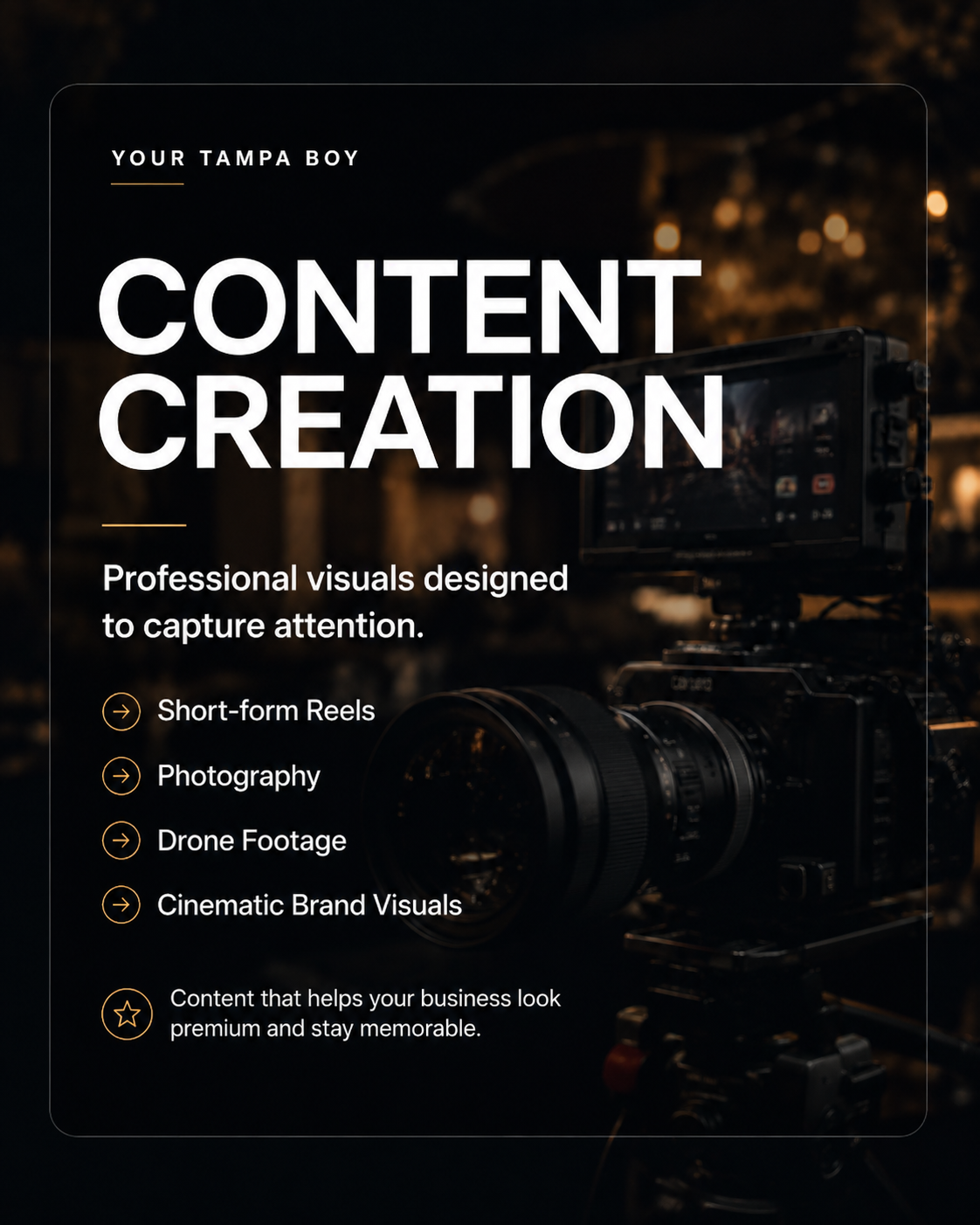 Black background with a professional camera and text promoting content creation services including short-form reels, photography, drone footage, and cinematic brand visuals.