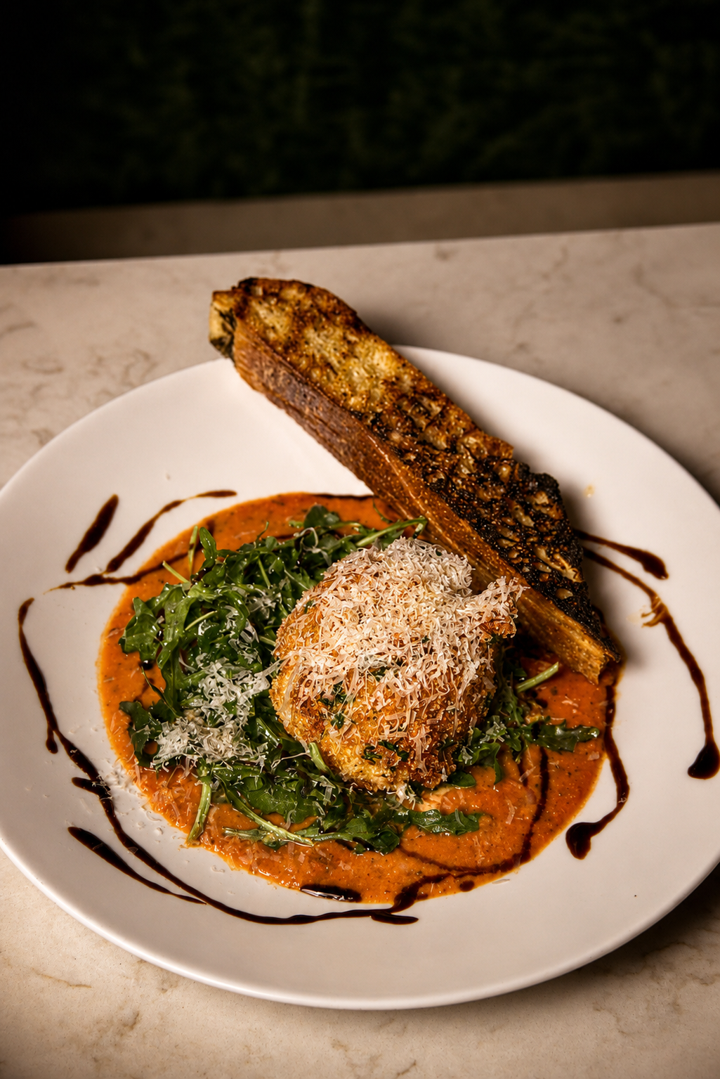 A plate with grilled bread, leafy greens, a roasted chicken breast, grated cheese, and a tomato-based sauce, garnished with balsamic glaze.