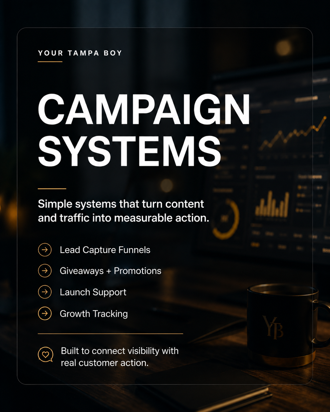 A promotional poster for campaign systems featuring a dark background with charts, a coffee mug, and a list of system benefits including lead capture funnels, giveaways, launch support, growth tracking, and customer visibility.
