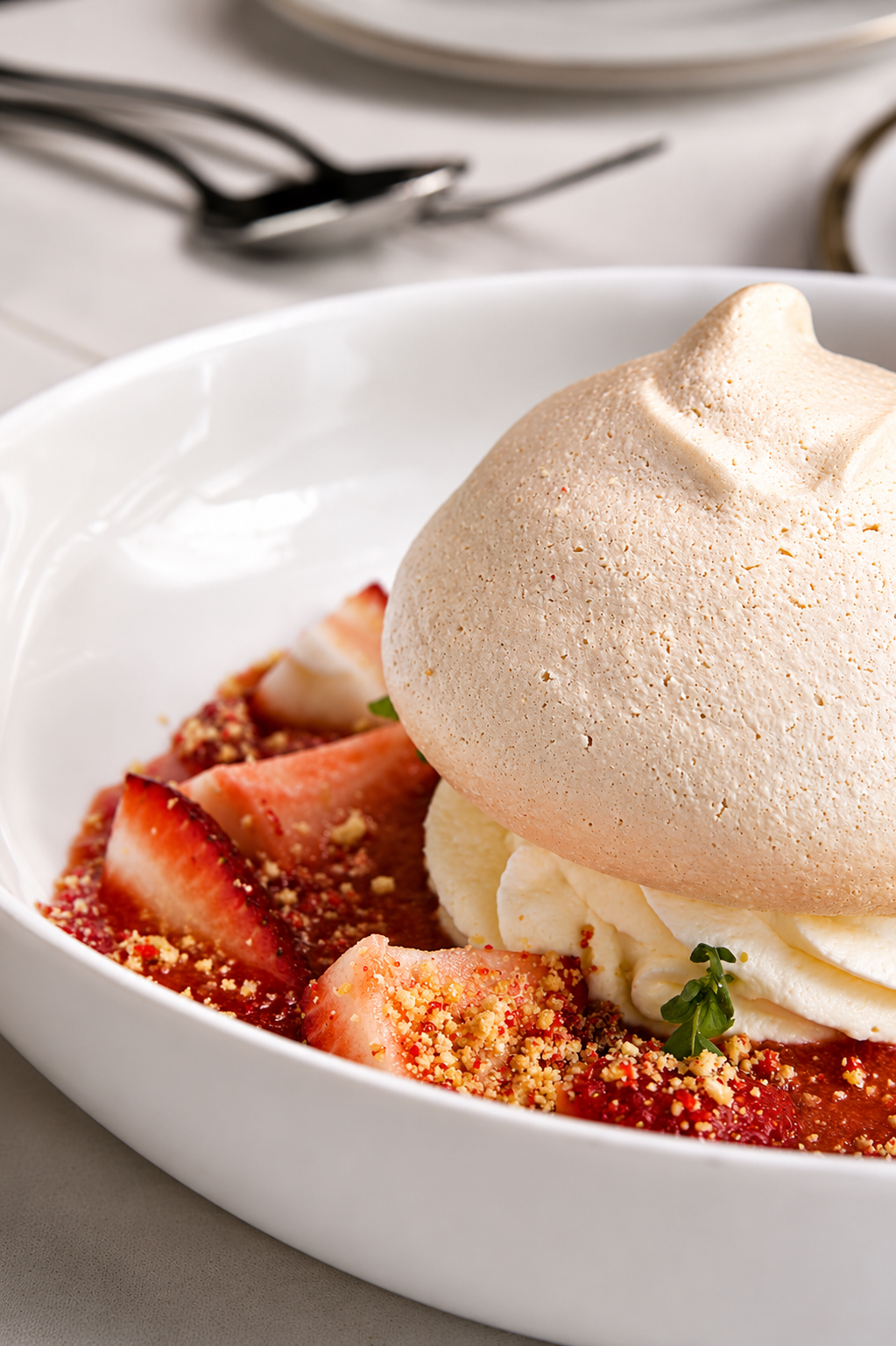 Close-up of a bowl of strawberry dessert topped with whipped cream, crushed nuts, and a large marshmallow, with a fork and plate in the background.