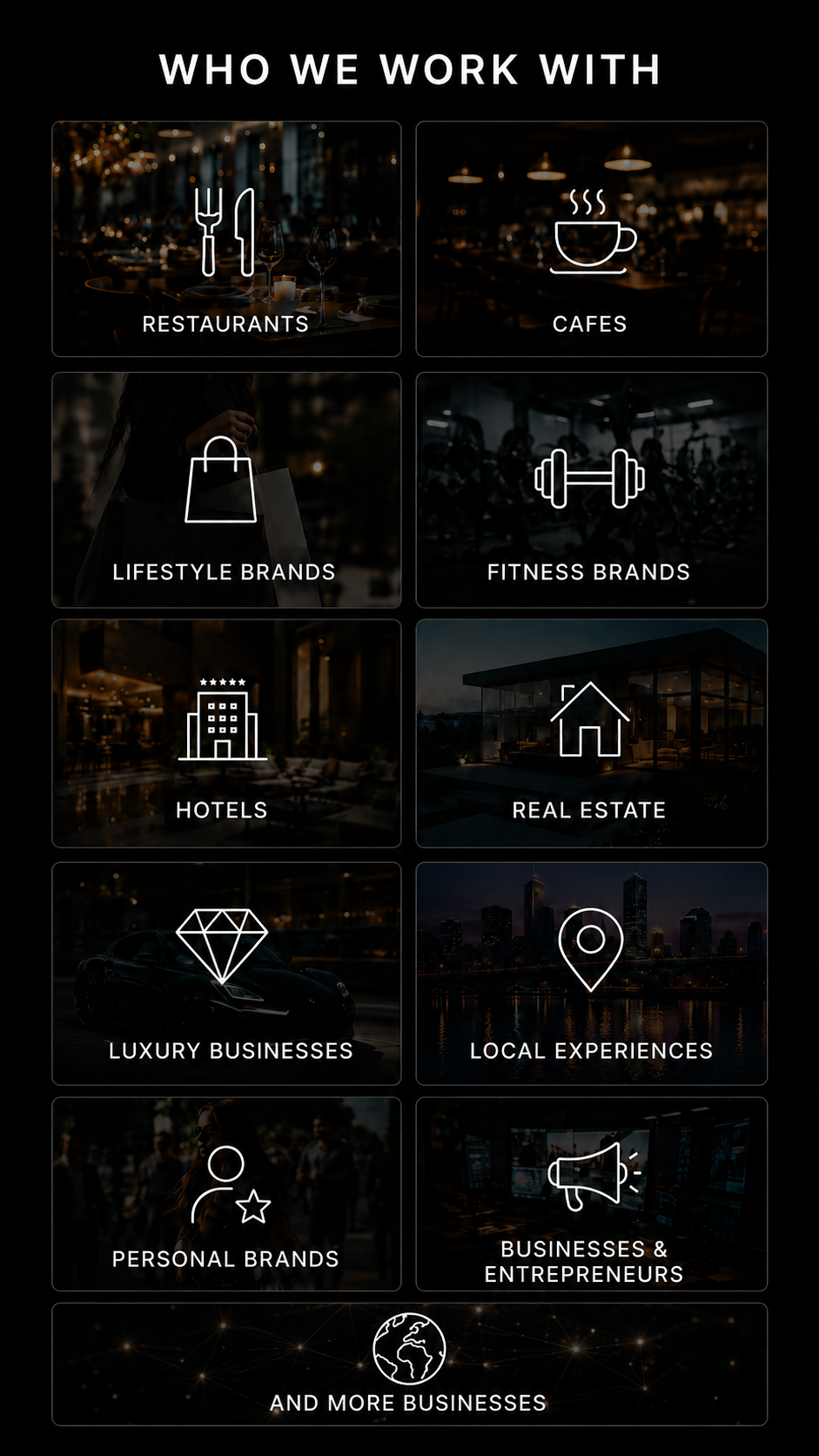 A digital interface displaying various categories of businesses, including restaurants, cafes, lifestyle brands, fitness brands, hotels, real estate, luxury businesses, local experiences, personal brands, and entrepreneurs, with icons representing each category.