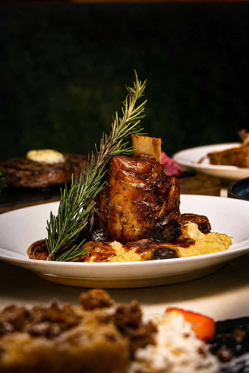 A plated dish with a large piece of glazed meat garnished with a sprig of rosemary, served with mashed potatoes, mushrooms, and a sauce.