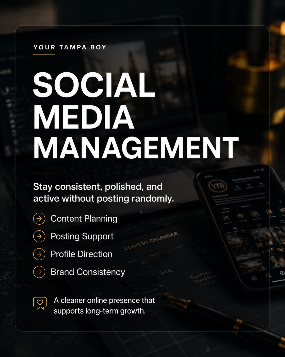 A promotional poster about social media management with text promoting content planning, posting support, profile direction, and brand consistency. The background shows a laptop and a smartphone displaying social media app screens.