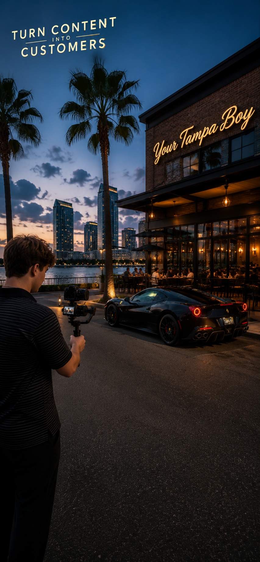 A man is filming a black sports car with red brake calipers parked outside a restaurant named Your Tampa Boy during sunset in Tampa, Florida. The scene features palm trees, city skyscrapers, and outdoor diners.