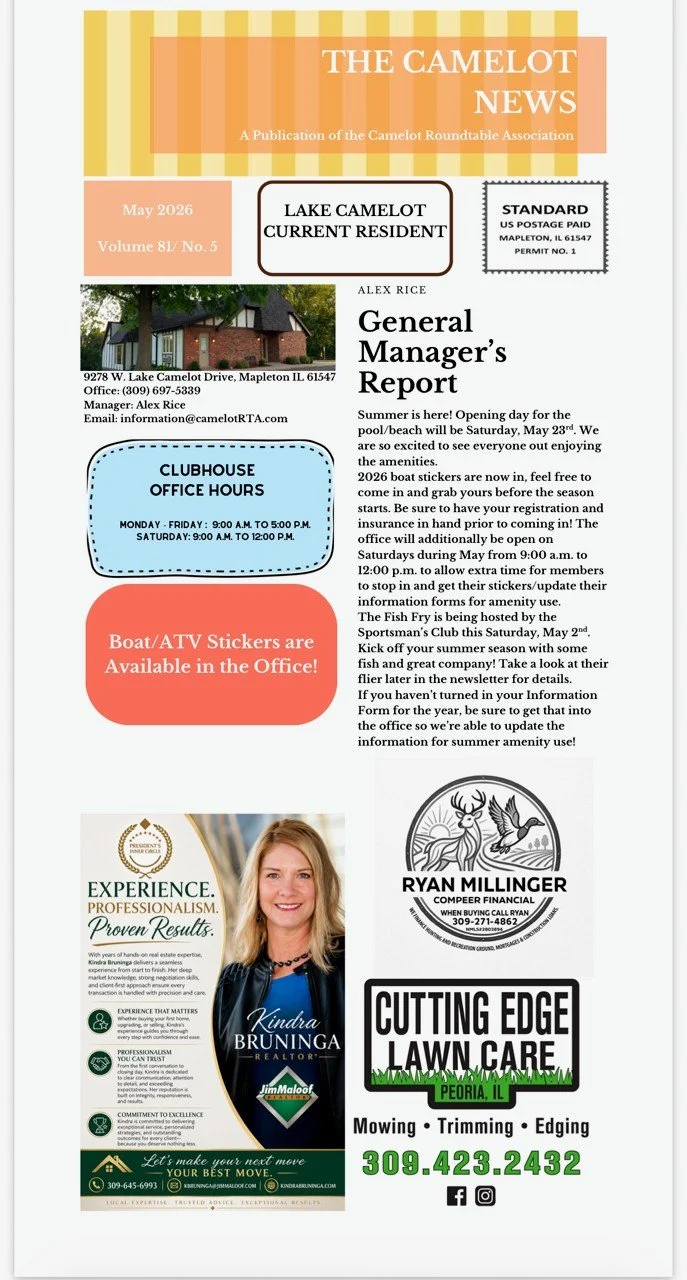 The image shows a community newsletter titled 'The Camelot News,' May 2026 issue. It features a current resident's information, including a photo of a house, office hours for the clubhouse, and announcements about boat/ATV sticker availability. There's an advertisement for Kindra Bruning Realtor, a financial advisor, a lawn care business, and a notice about a summer event.