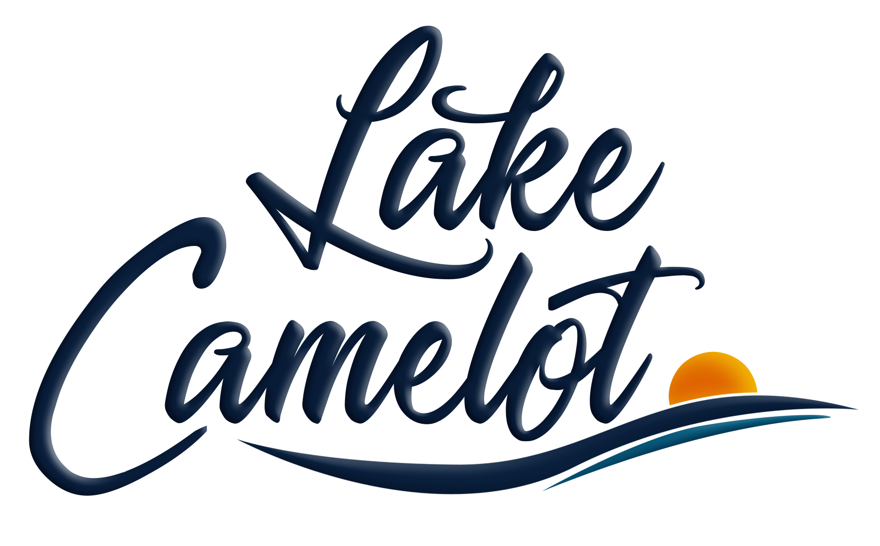 Logo for 'Lake Camellia' featuring stylized cursive text in dark blue, a small orange shape resembling a lake sunset, and blue waves underneath.