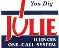 Vintage Illinois telephone system advertisement with large red and blue text 'You Dig Julie' and 'Illinois One-Call System'