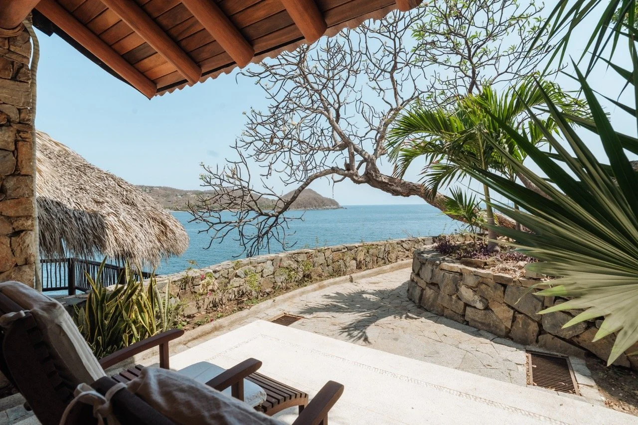Vista del mar desde una terraza con paredes y techo de madera, plantas tropicales y un árbol sin hojas.
