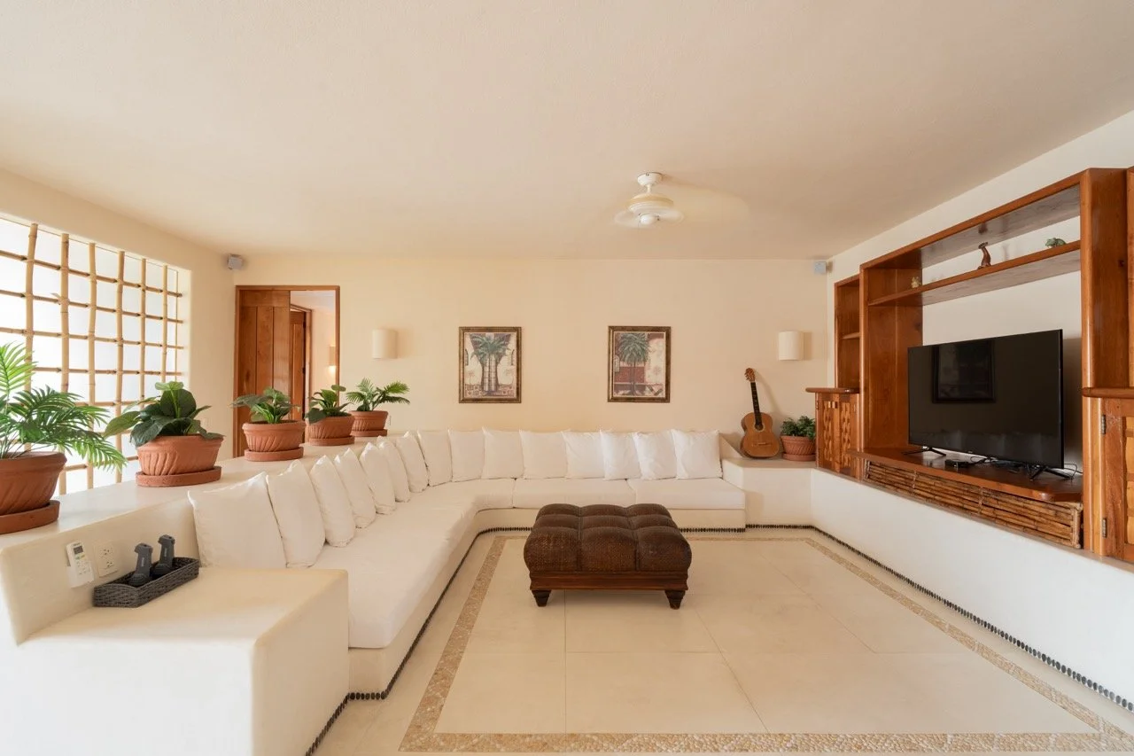 Sala de estar con sofá blanco en forma de L, plantas en macetas de barro, dos cuadros con palmeras, televisor en mueble de madera, guitarra, almohadones y lámparas en la pared.