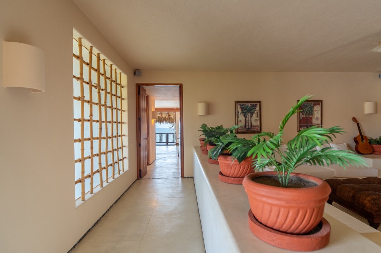 Interior de una habitación con varias plantas en macetas de barro, paredes blancas, pinturas de palmeras, una guitarra y vista hacia un balcón con vista al mar