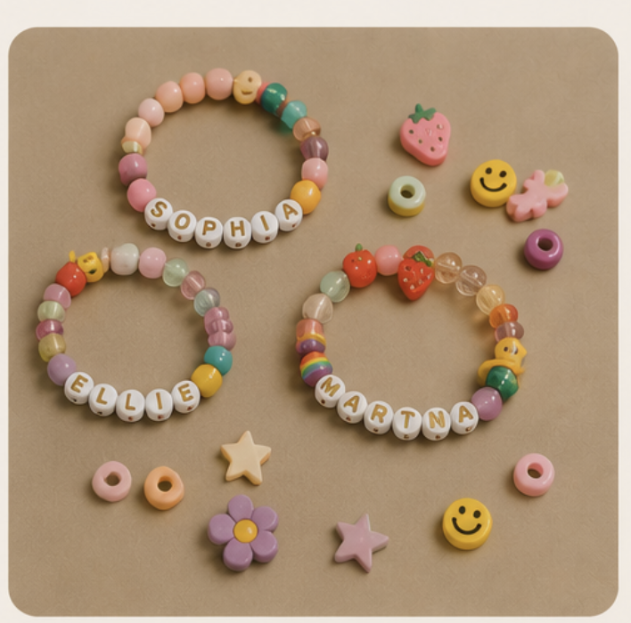 Colorful beaded bracelets with names Sophia, Ellie, and Martina spelled out with letter beads, along with small toy shapes like strawberries, smiley faces, and stars.