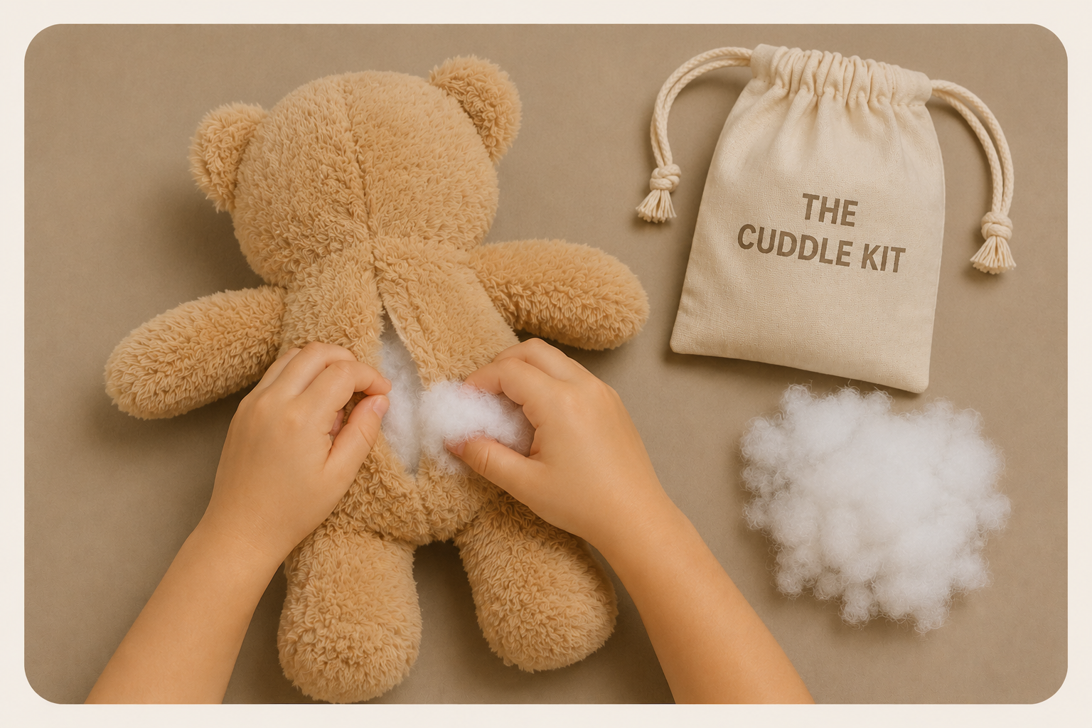 A child's hands stuffing cotton into a beige teddy bear with a plush texture. Next to the bear is a cloth bag labeled 'The Cuddle Kit' and a pile of cotton.
