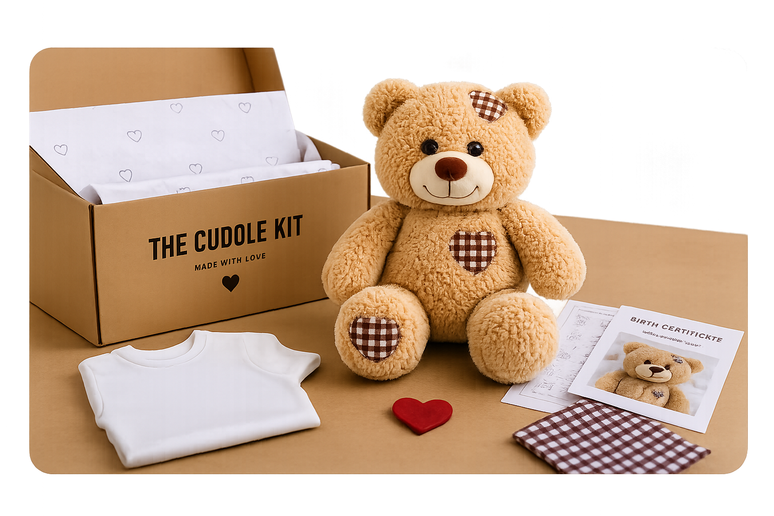 A teddy bear with patches on its ear, chest, and paws sitting on a table. There is a cardboard box labeled 'The Cuddle Kit' with tissue paper inside, a white baby shirt, a red heart, and a birth certificate with a picture of the teddy bear. A small checkered cloth is also on the table.