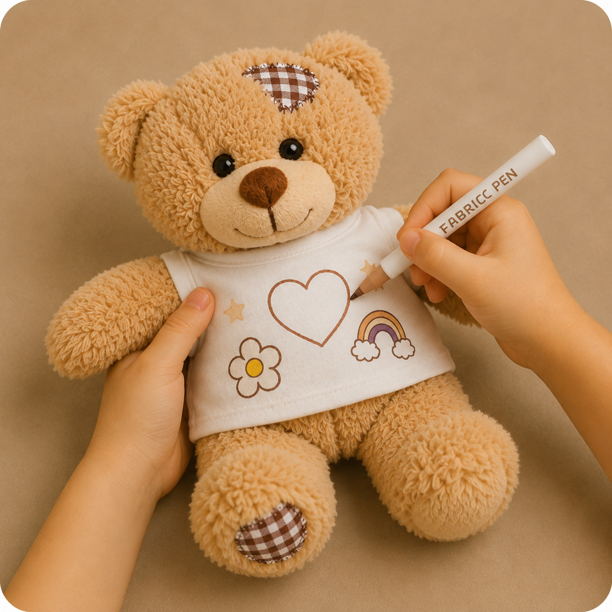A teddy bear with a white shirt featuring a heart, rainbow, coffee cup, star, and flower design, being decorated with a brown marker labeled "Fabric Pen".