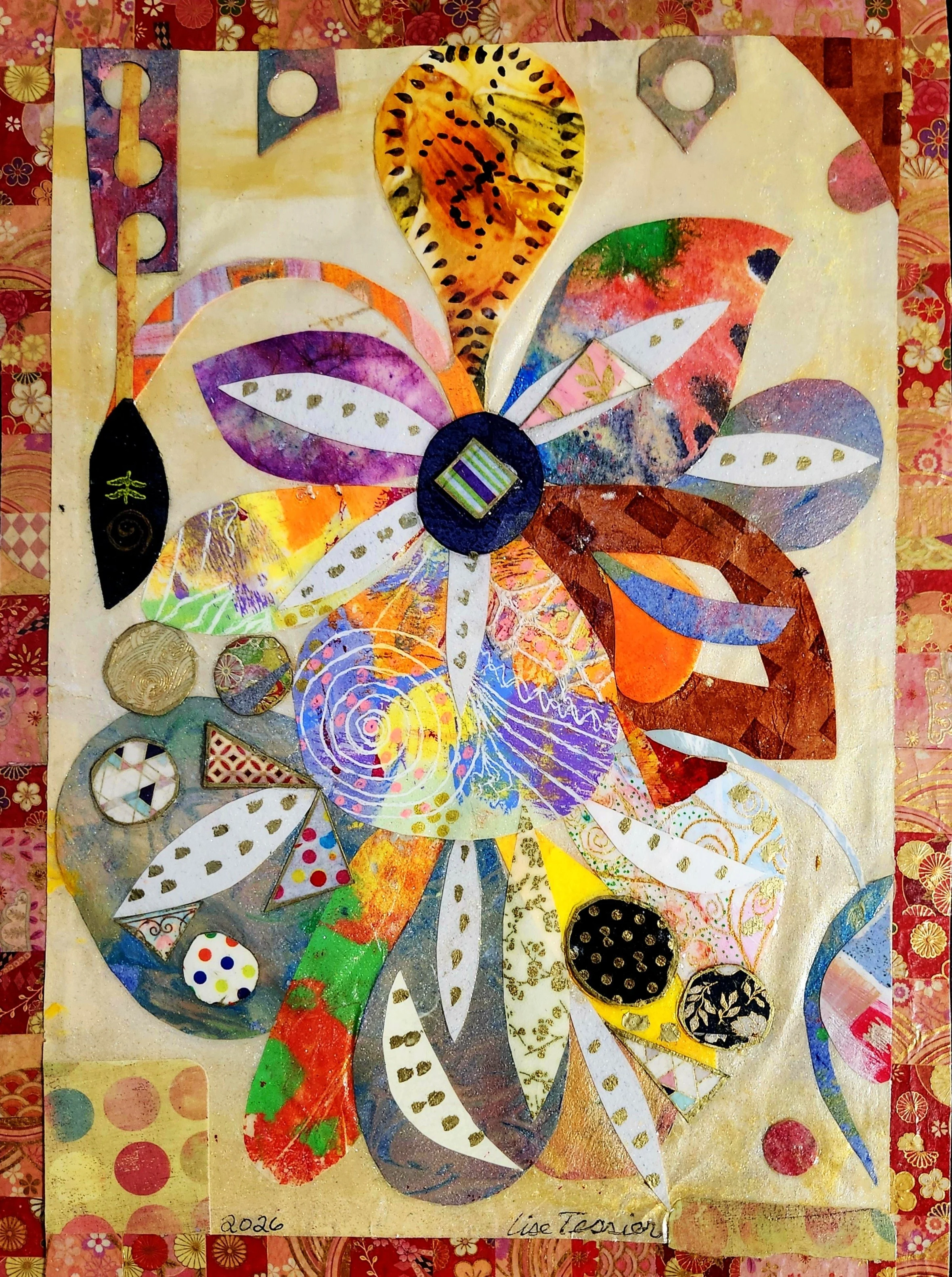 Une œuvre d'art colorée représentant un papillon avec des ailes multicolores et divers motifs, entourée d'un fond à motifs floraux et géométriques, avec l'inscription '2026' et 'Lise Tesson' en bas.