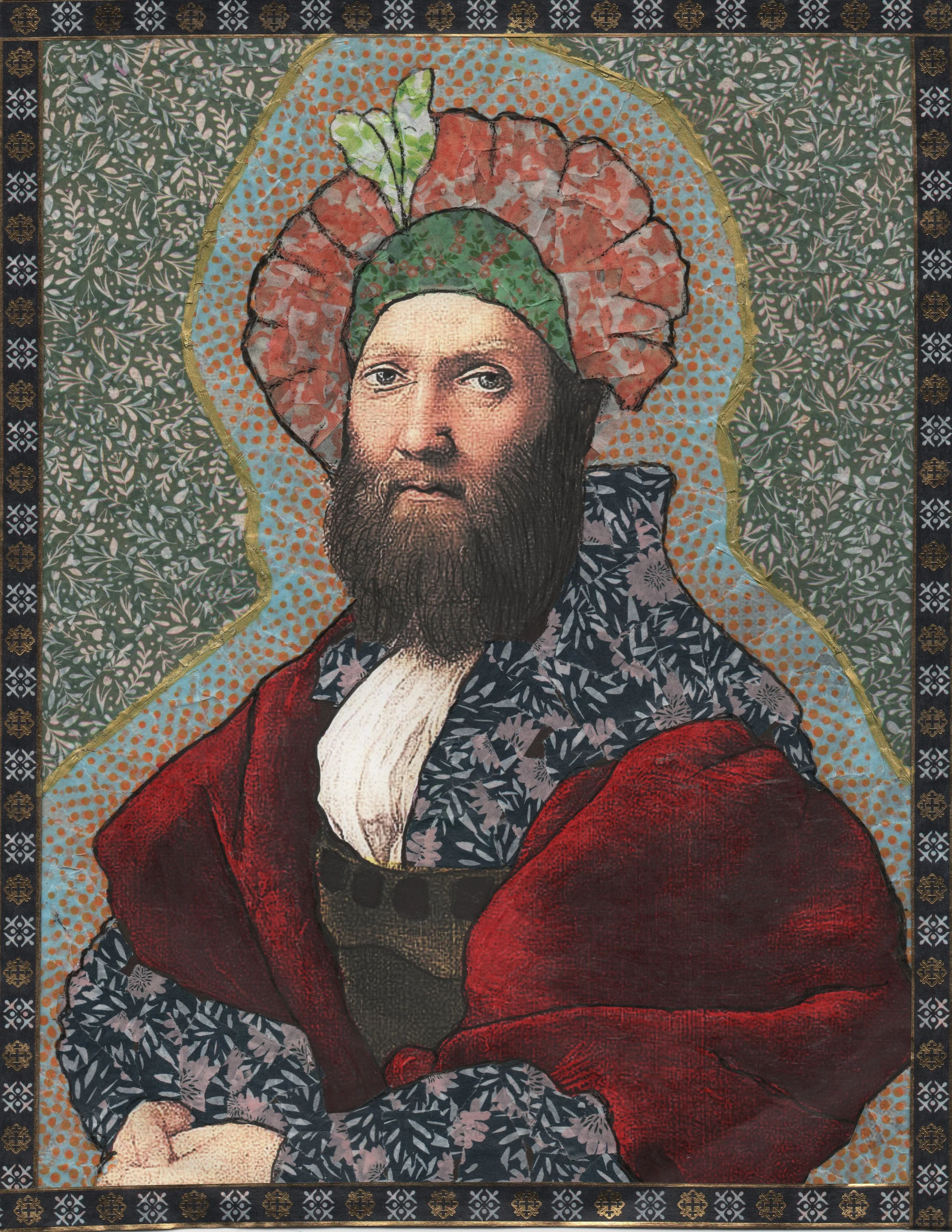Un collage artistique représentant un homme avec un turban vert et un vêtement rouge, entouré d'une border décorative avec un fond à motifs floraux, combinant collage et dessin.