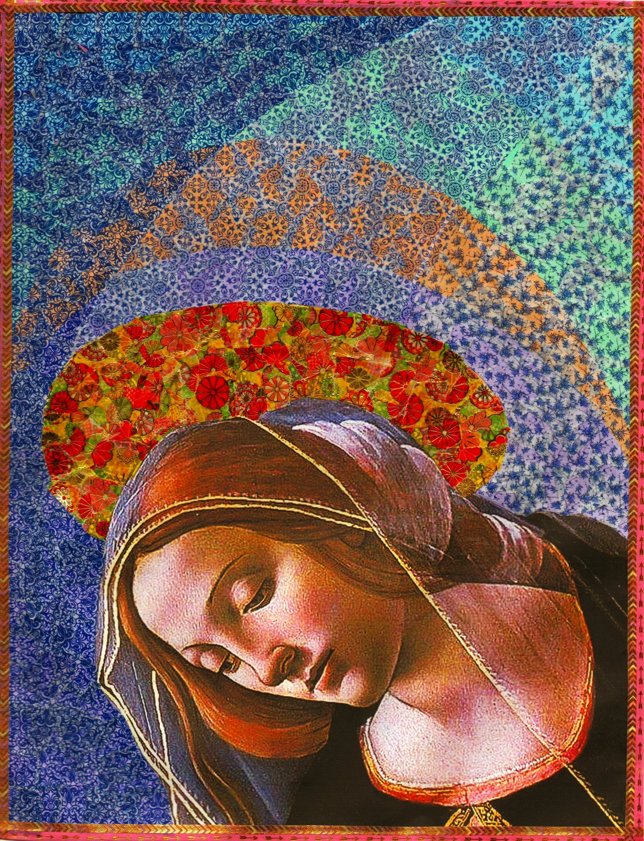 Une œuvre d'art représentant une image religieuse ou spirituelle, avec une figure centrale de visage féminin en prière ou méditation, entourée de motifs colorés et décoratifs. Les couleurs principales sont des tons chauds comme le rouge et l'orange, avec des détails floraux et des motifs intricats en arrière-plan.