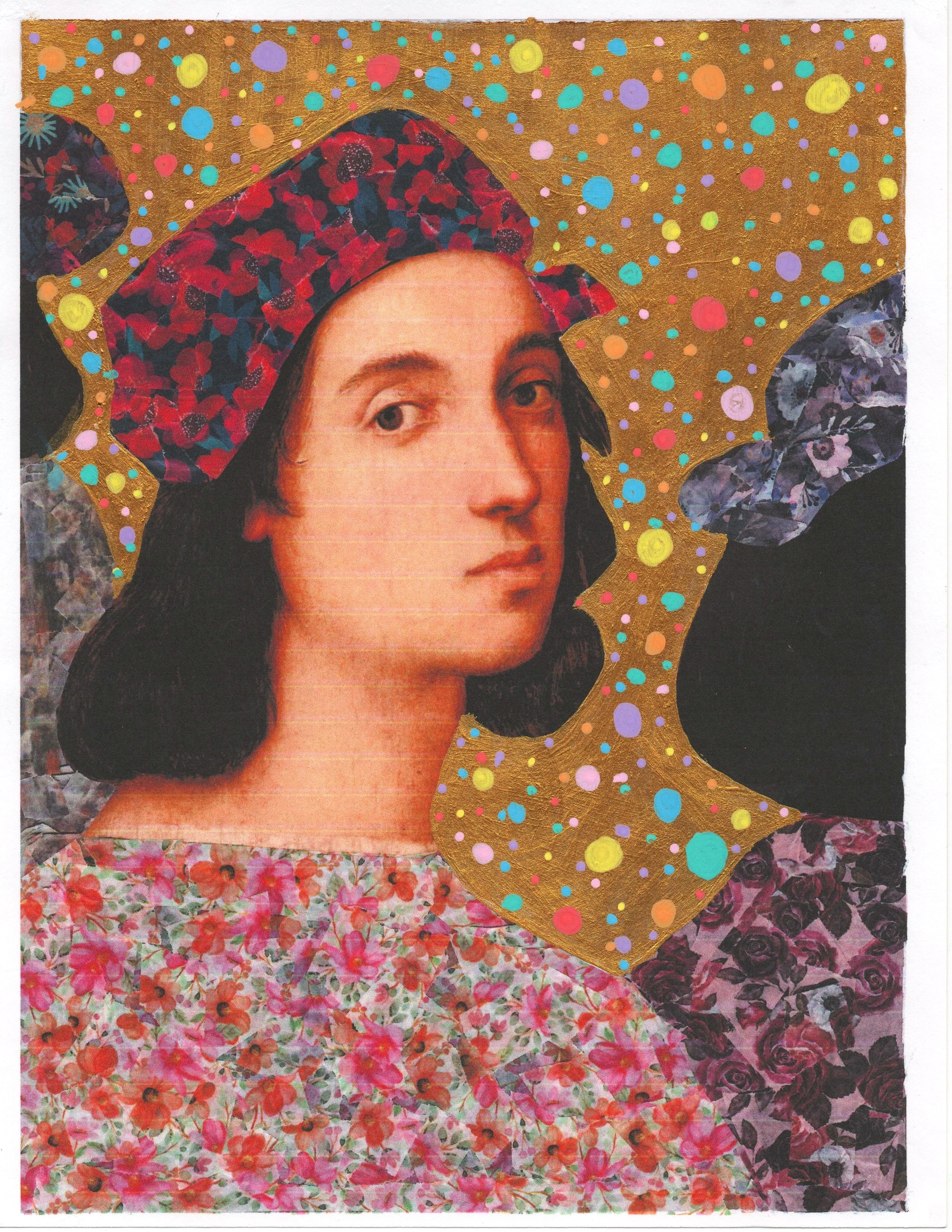 Un collage artistique représentant une femme dont le visage est peint et entouré de formes colorées, avec un fond orné de motifs de points multicolores et de fleurs abstraites.