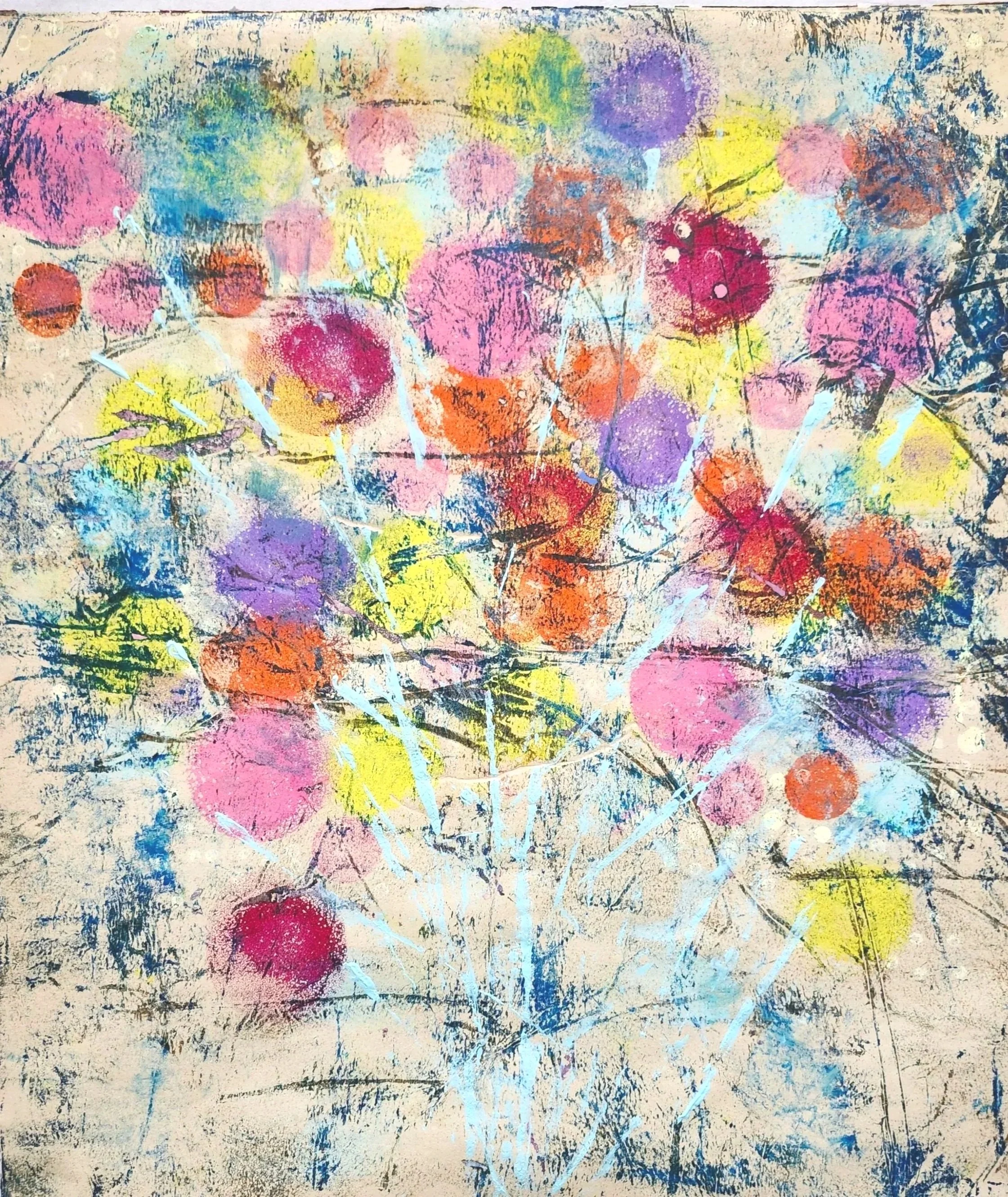 Impression sur plaque de gel composée de ballons colorés en rose, violet, orange, jaune, bleu et rouge dispersés sur un fond beige, avec des lignes blanches et des traits noirs qui traversent la composition.