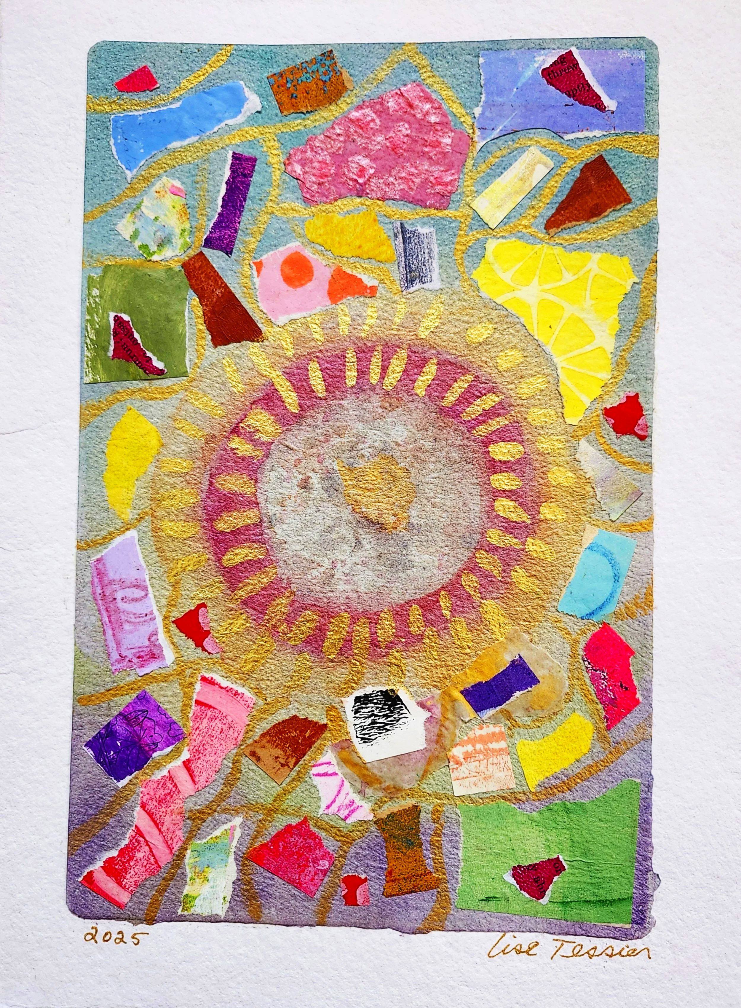 Un collage coloré et abstrait avec des formes géométriques et des lignes dorées, signé par Lise Tossan, année 2025.