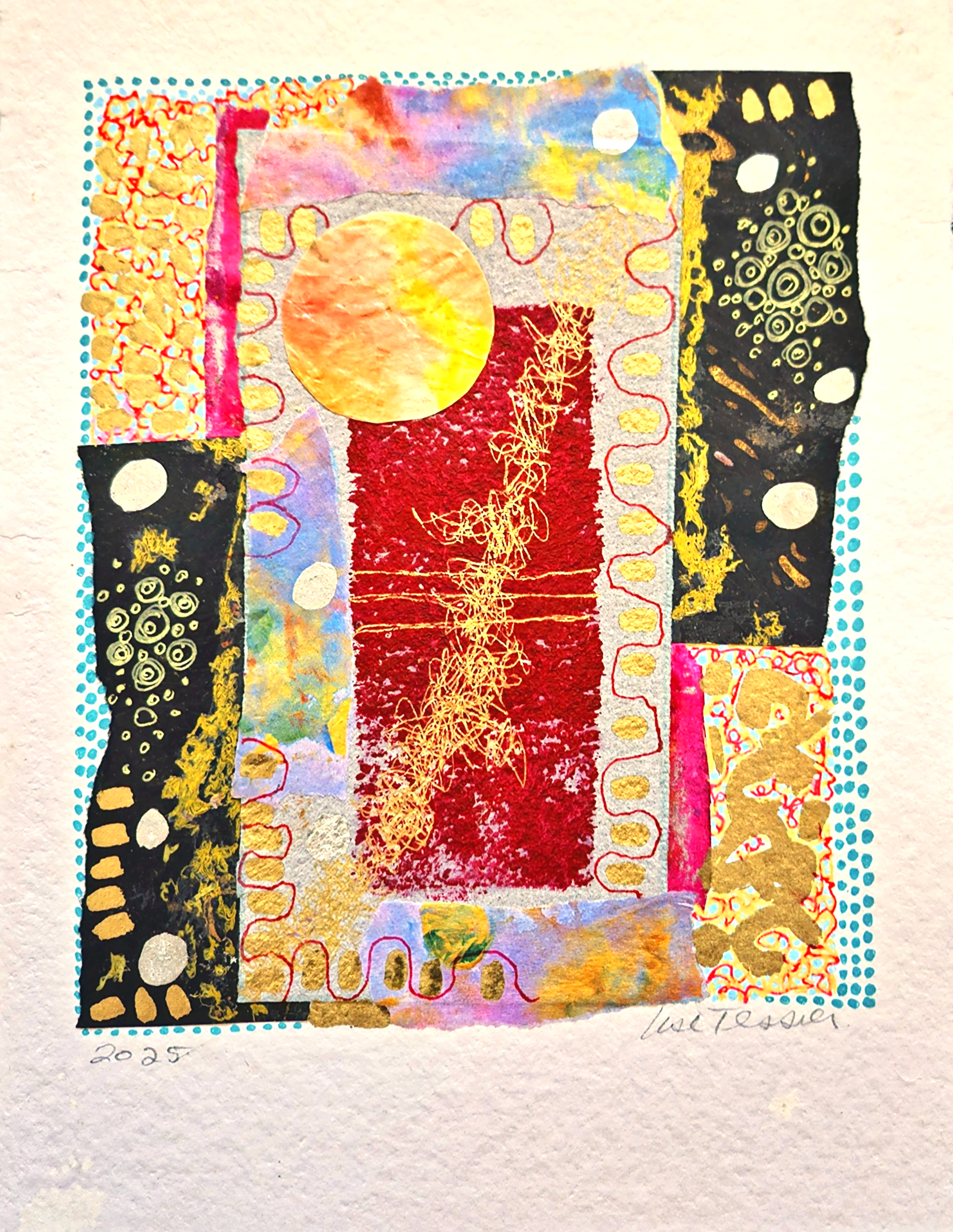 peinture et collage abstraits avec des formes géométriques colorées, des lignes dorées et des motifs variés.