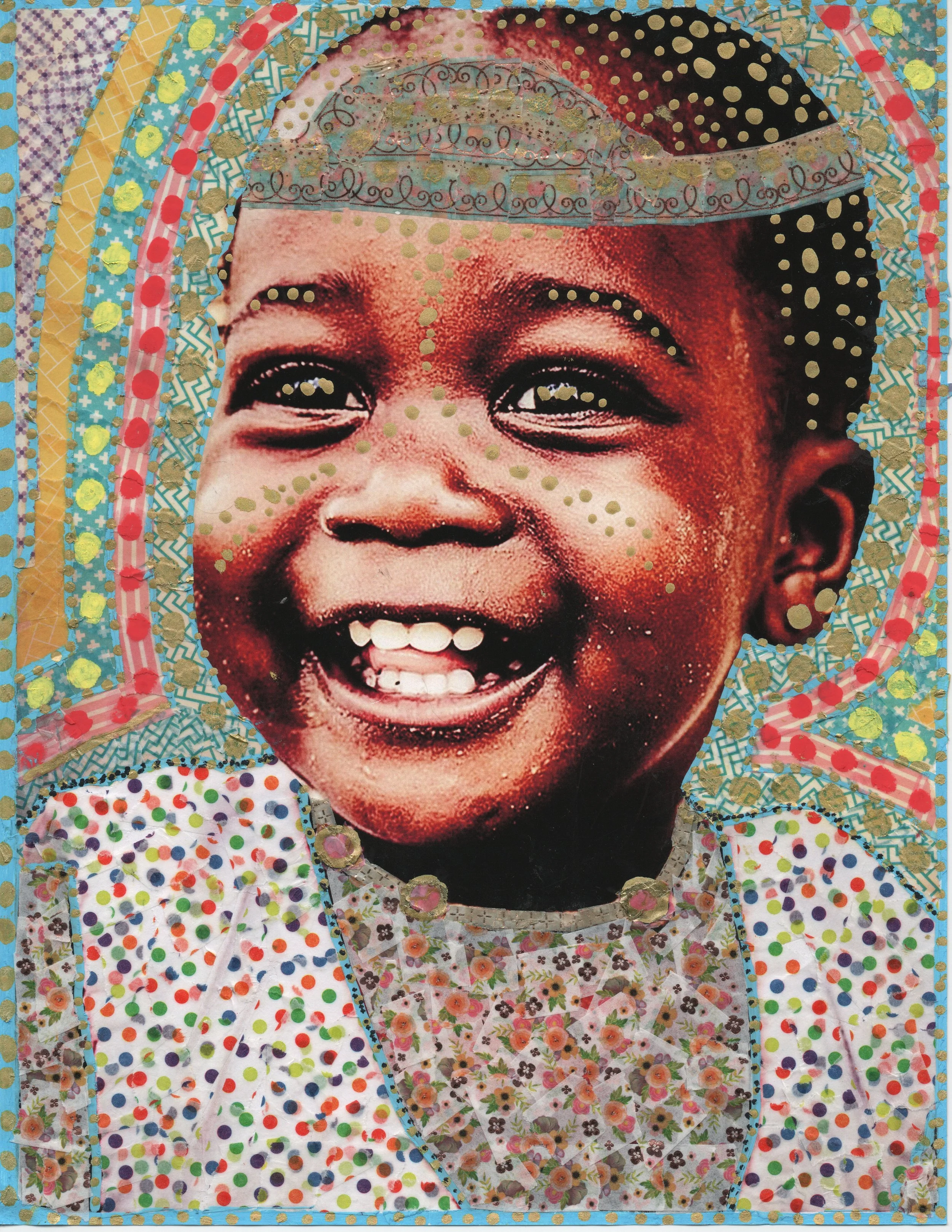 Une image colorée et décorative d'une personne souriante, entourée de motifs de papier et de paillettes, avec un style artistique et vibrant.