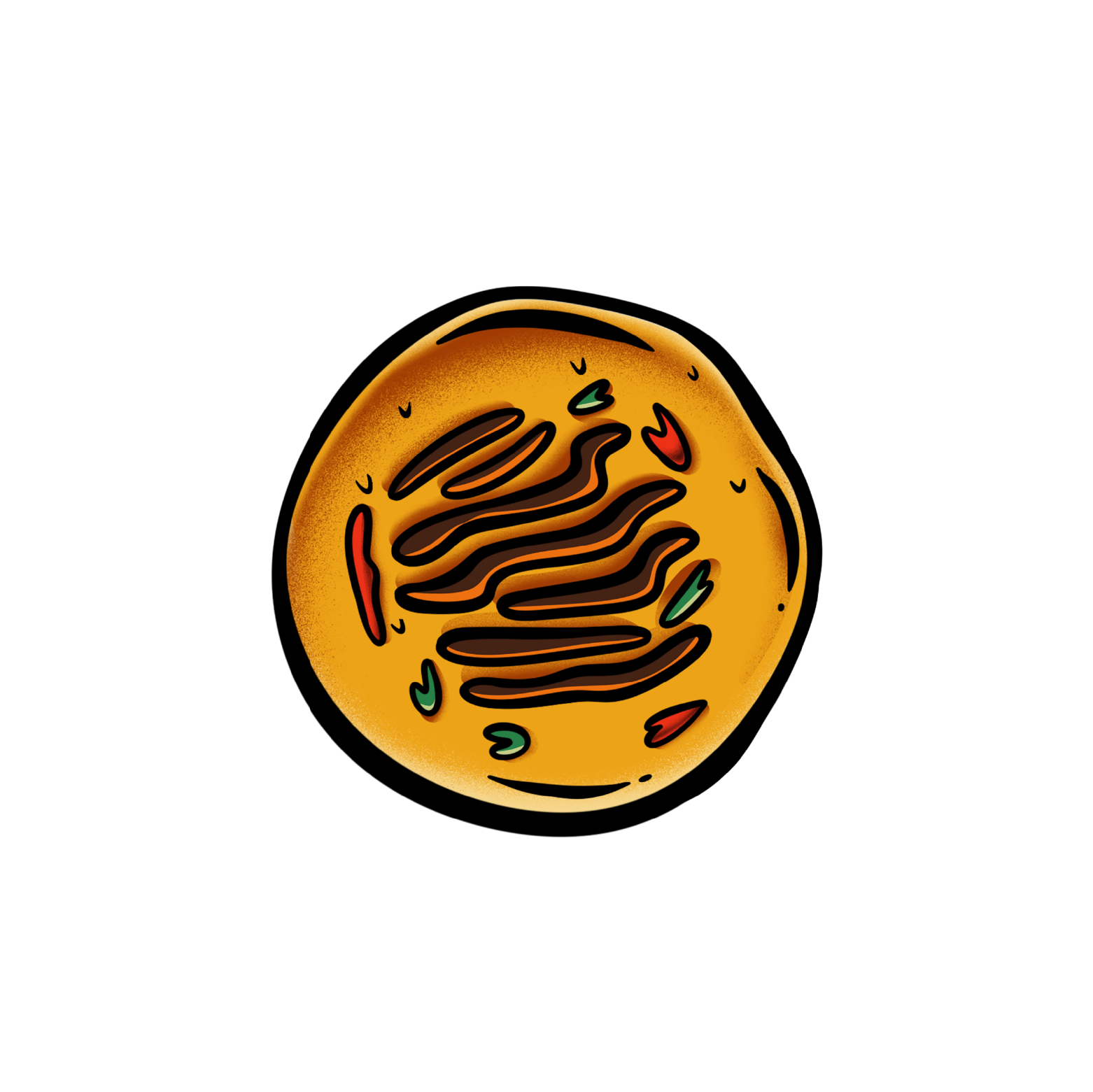 A cartoon-style drawing of a round, baked loaf of bread with a golden-brown crust, topped with thin, dark lines indicating scoring and garnished with small red and green shapes that resemble herbs or vegetables.