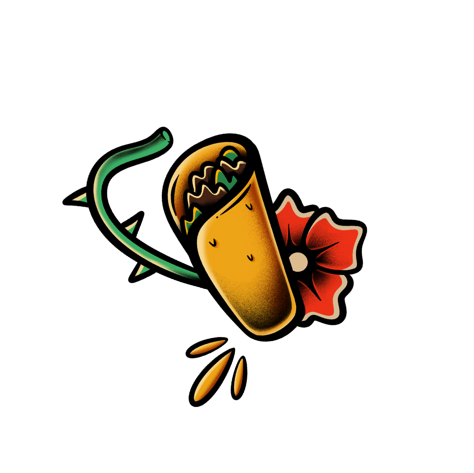 A cartoon-style marijuana joint with a red flower in the background, green swirling smoke, and small droplets around it.