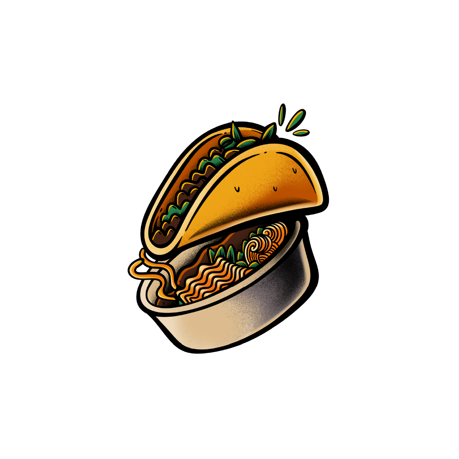 A digital illustration of a takeout container filled with ramen noodles, green vegetables, and other ingredients, with some soup splashes coming out from the top.