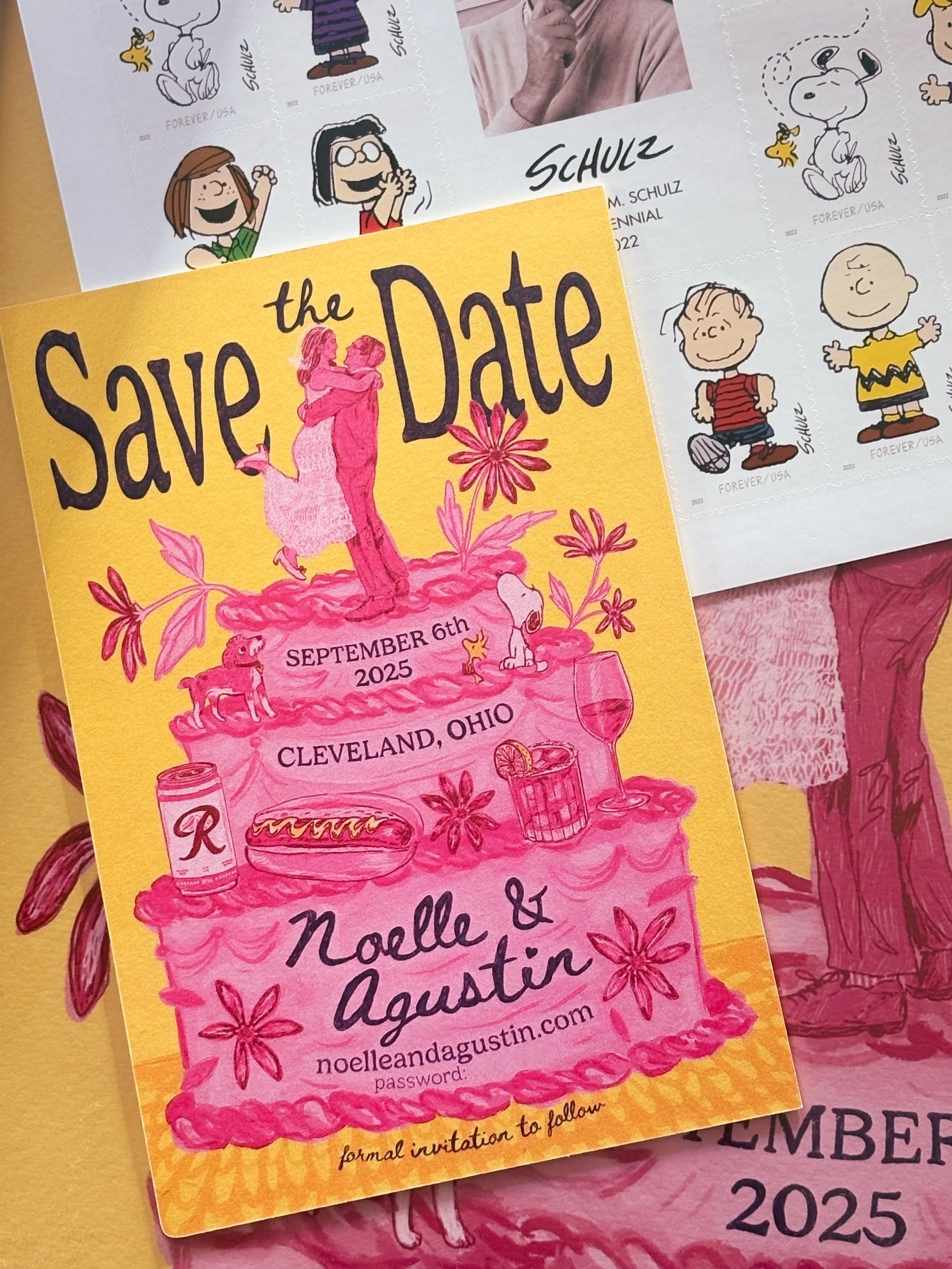 A colorful save the date card with a pink statue of the thinker and a dog, flowers, and drinks on it, promoting a wedding in Cleveland, Ohio on September 6th, 2025.