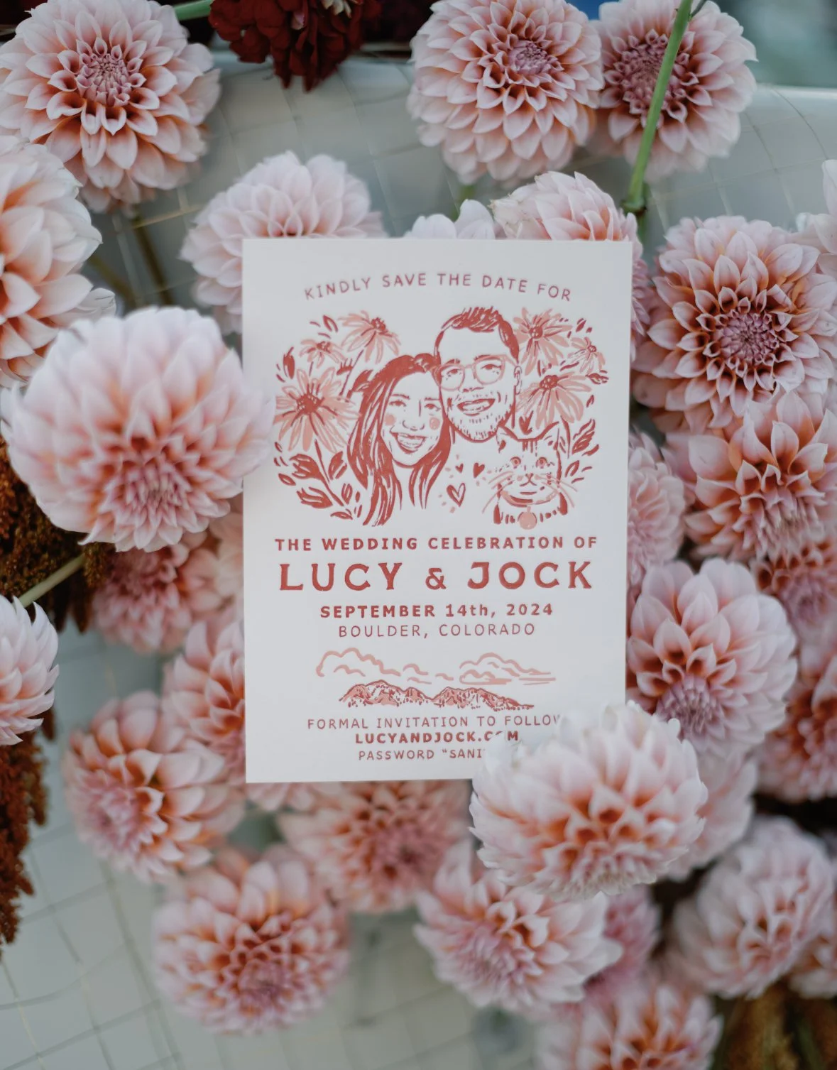 Wedding invitation card surrounded by pink dahlias. The card features a drawing of a smiling couple, a cat, and floral decorations. It indicates the wedding of Lucy and Jock on September 14th, 2024, in Boulder, Colorado, with the website and a passwo