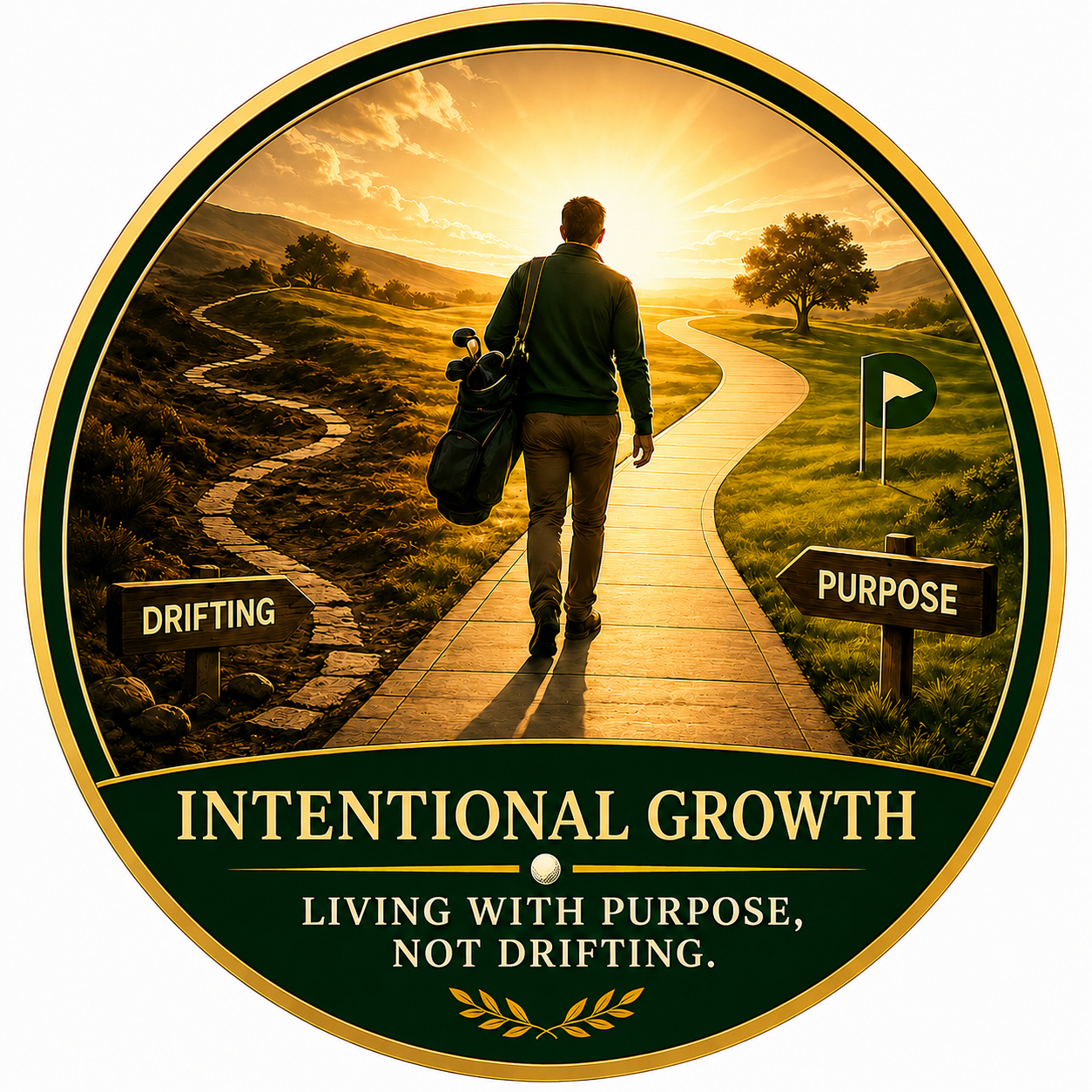 A man walking on a balanced path with a golf bag, heading towards a bright sunrise, with signs indicating 'Drifting' on the left and 'Purpose' on the right, symbolizing intentional growth.