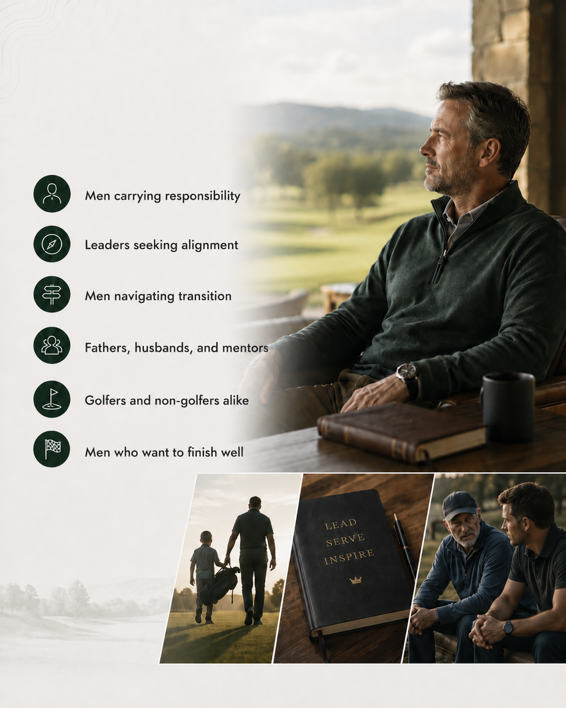 A man sitting indoors with a scenic golf course view, alongside a list of qualities characterizing men, such as carrying responsibility, seeking alignment, navigating transition, being fathers or mentors, enjoying golf, and wanting to finish well.
