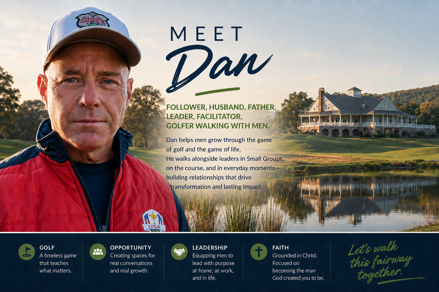 A man in a red jacket and baseball cap stands in front of a scenic golf course with a large house in the background, featuring text about his role as a leader, father, and golfer, with descriptions of his work with men and themes of faith, opportunity, leadership, and golf.
