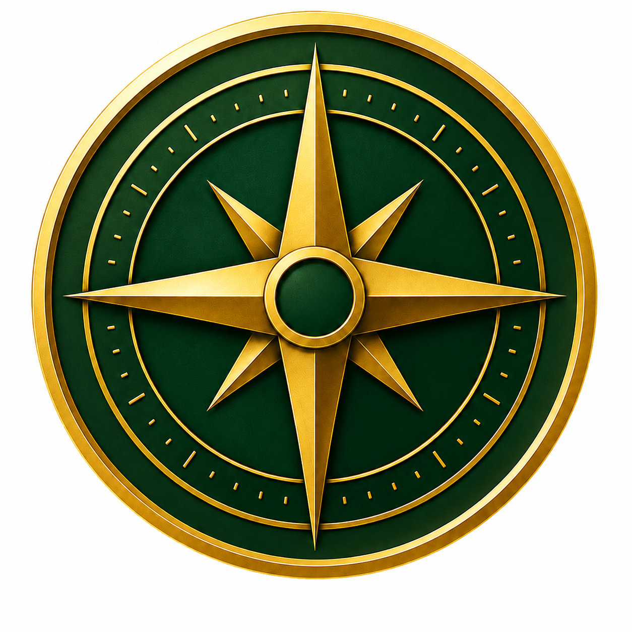 A decorative compass with gold and green accents, featuring directional points.
