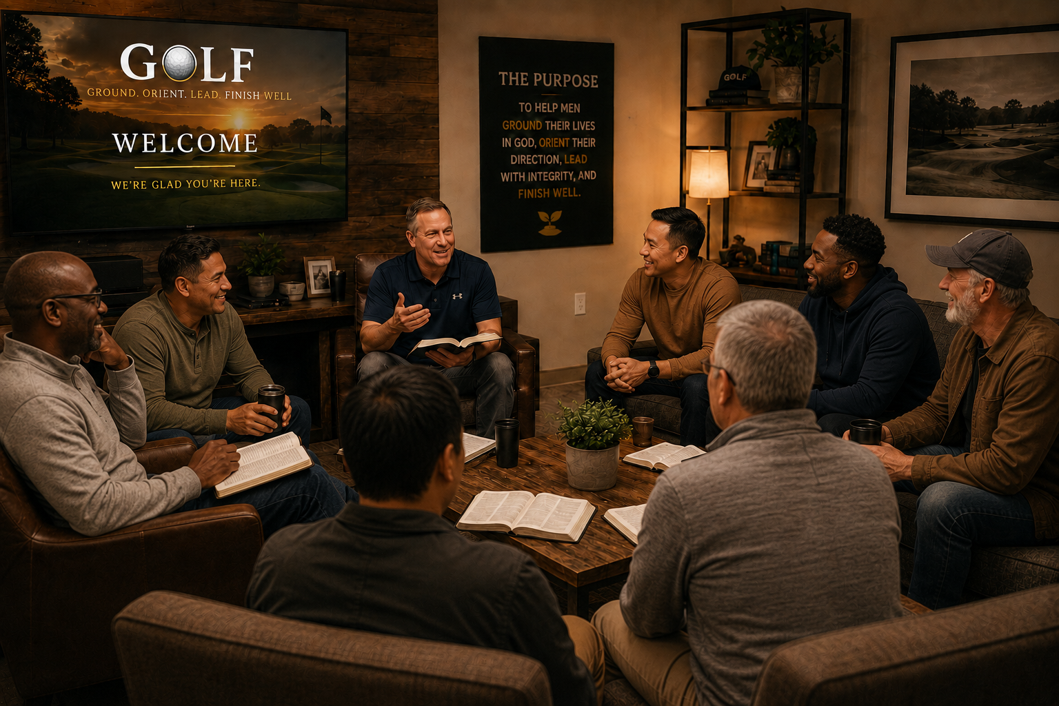A group of men sitting in a circle in a cozy room, engaged in a discussion, with books and a plant on the table in front of them, and a large screen and wall decor in the background.