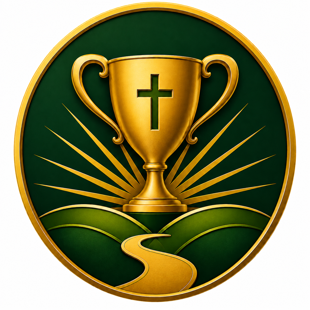 A green circular emblem with a gold trophy featuring a cross on it, set against a white background.