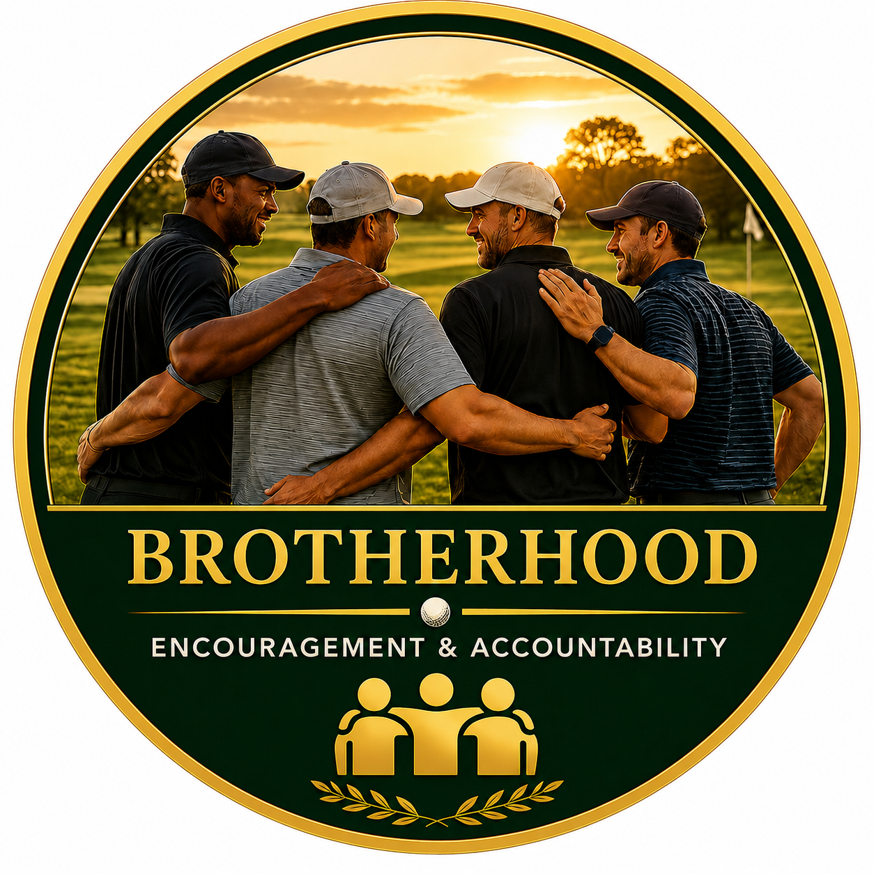 A group of five men with arms around each other's shoulders, smiling and talking on a golf course during sunset, with the word "Brotherhood" and the phrase "Encouragement & Accountability" along with three stylized figures and laurel leaves in a circular emblem.