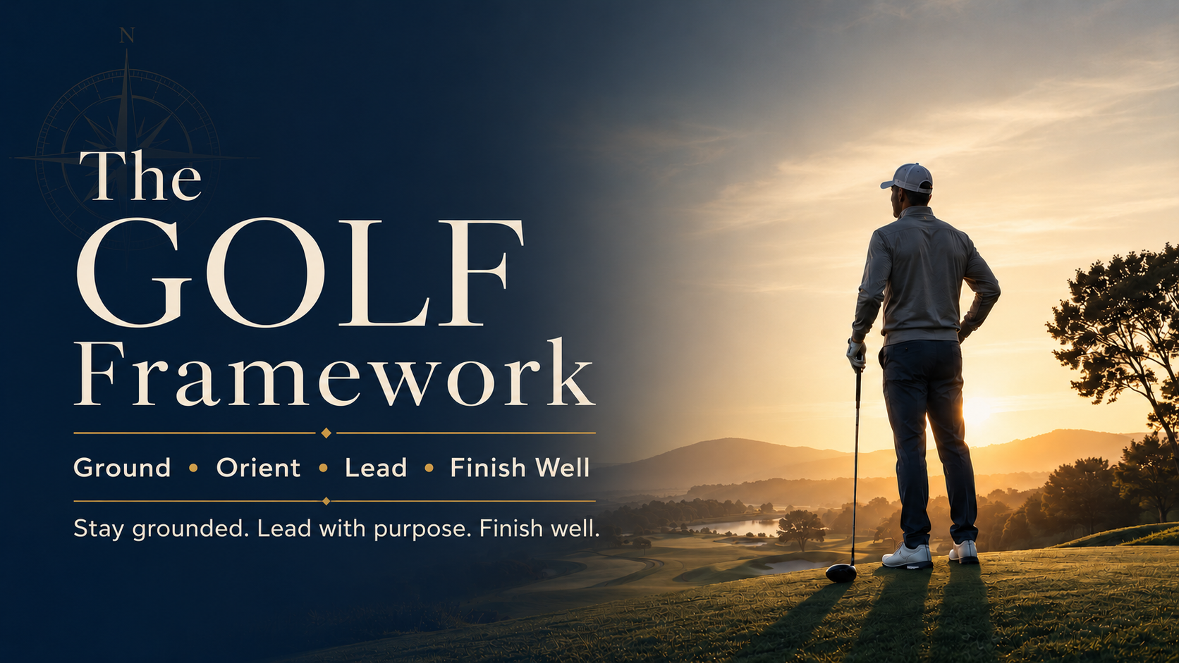 A golfer standing on a golf course during sunset with mountains in the background, accompanied by text about the golf framework.