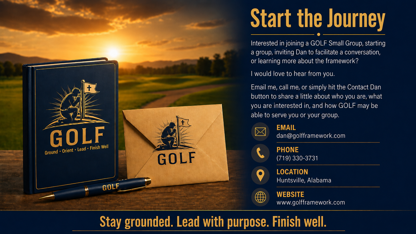 Flyer promoting joining a GOLF Small Group, featuring a background of a golf course at sunset, with a book, envelope, and pen on a table in the foreground. The flyer includes contact information, website, and motivational slogan about leading with purpose in golf.