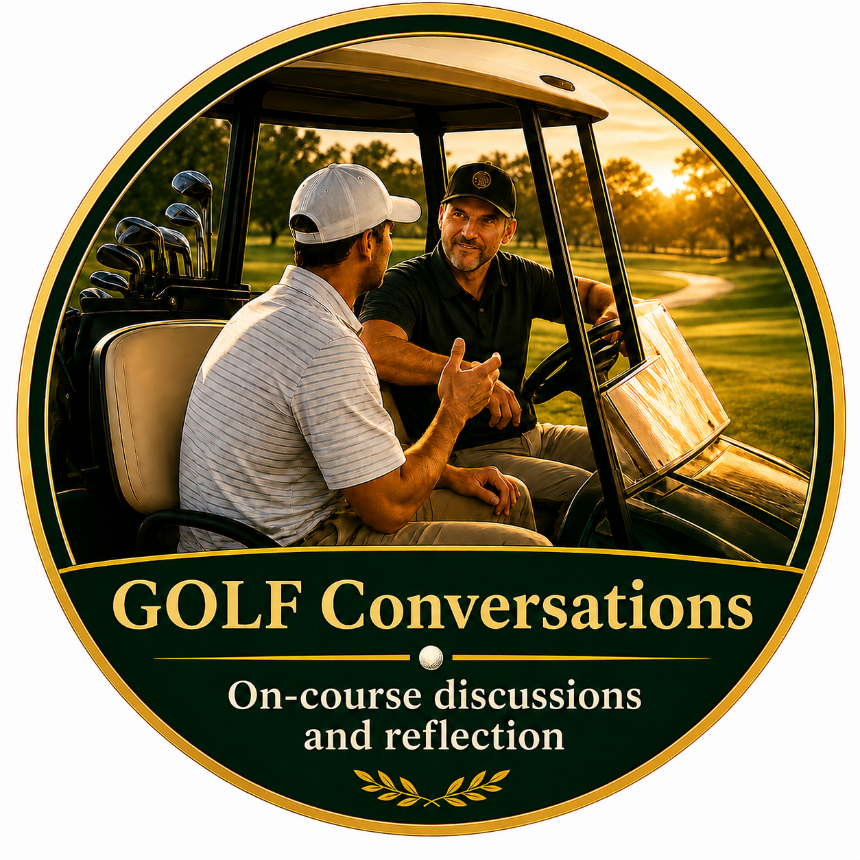Two men having a conversation on a golf cart on a golf course during sunset, promoting golf discussions and reflection.